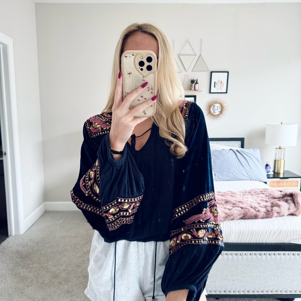 Free People Velvet Sequin Boho Sweater | Black Embroidered Statement Top Size S